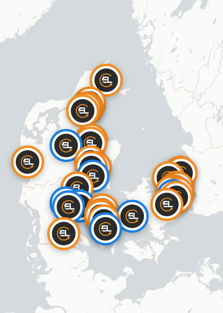 Danmarkskort med EL i AS-partnere. Find en lokal elektriker eller VVS'er nær dig