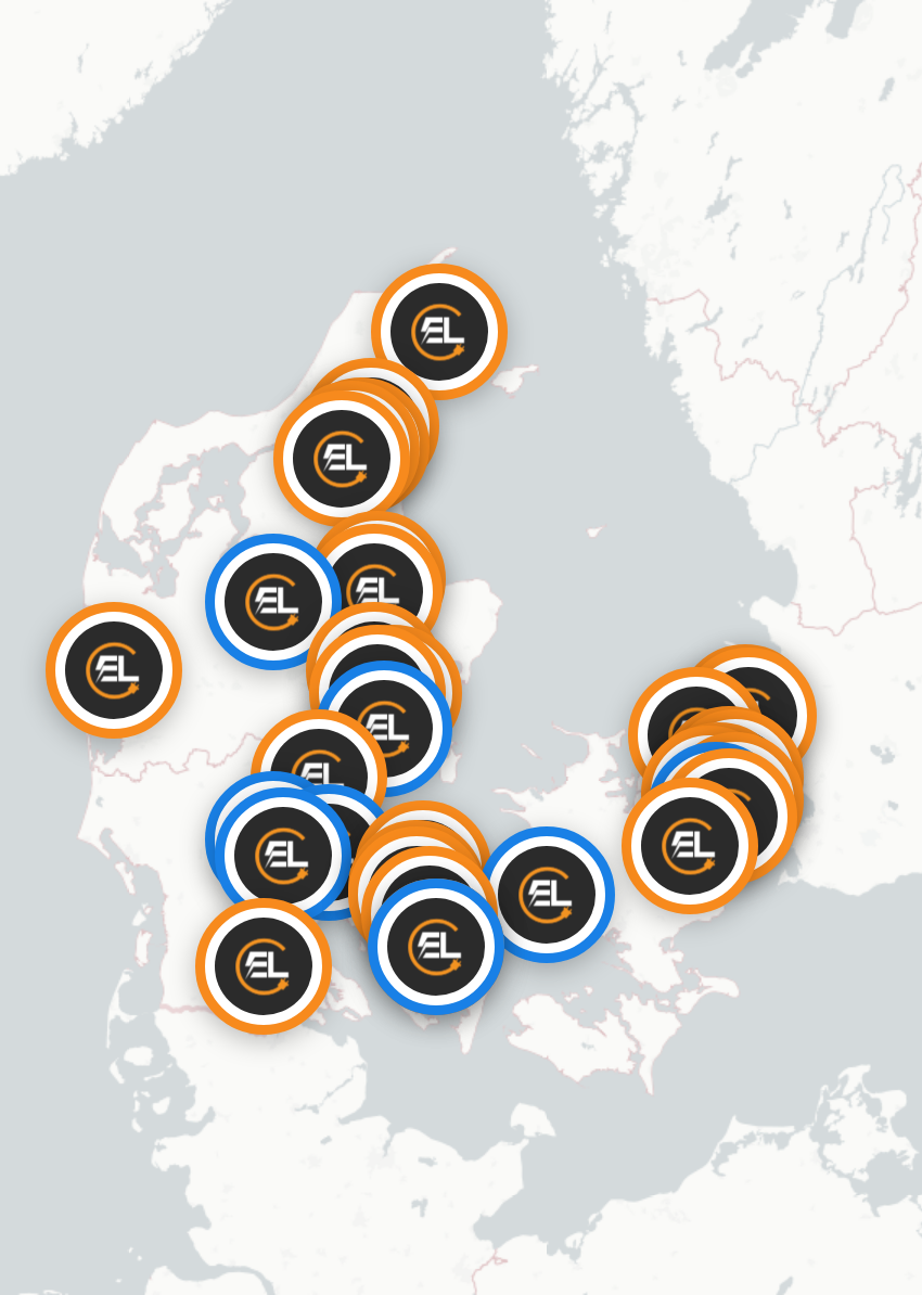Danmarkskort med EL i AS-partnere — find en lokal elektriker eller VVS'er nær dig